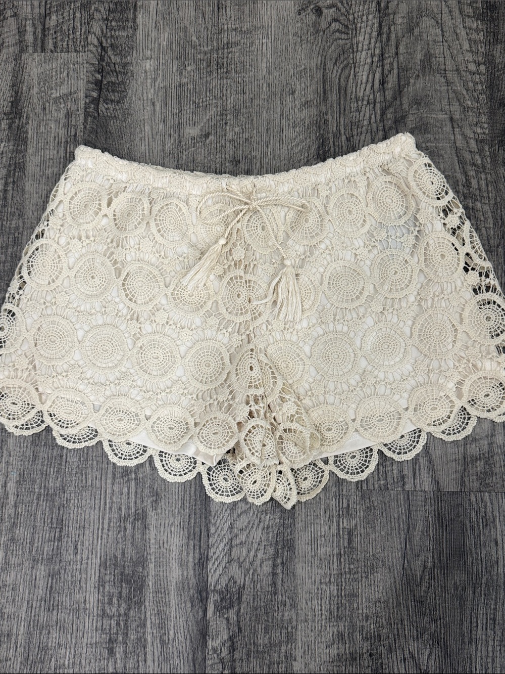 HeartSoul Cream Crochet Lace Shorts with Tassel Drawstring